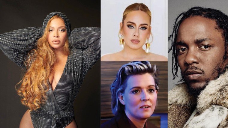 The nominations for the 2023 Grammy Awards are out and leading the nominees with 9 nods is Beyoncé (left) for her album Renaissance. 	Coming in second with 8 nominations is Kendrick Lamar (right) for the album Mr. Morale & the Big Steppers. Adele (center, top) and Brandi Carlile (center, below) are in third with seven nominations each for their respective albums 30 and In These Silent Days.
